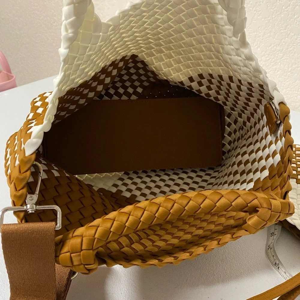 Brown and White Woven Tote Bag Set